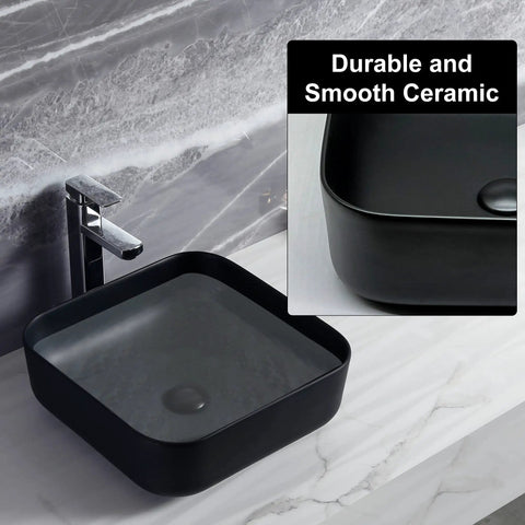 Square Vessel Bathroom Sink 15 By 15 Inches Black Ceramic Vanity Basin With Pop Up Drain Above Counter Modern Vessel Sink