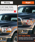 Comparison of wrong and correct Dodge Ram Quad Beam Halogen Headlights Assembly Chrome Housing Amber Reflector for 2009-2018 models.