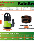 Workhorse Submersible Utility Pump 1/2 Horsepower, 2300 GPH, 24 Foot Lift, with 10 Foot Hose and Performance Specs