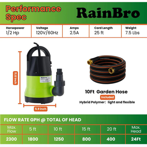 Workhorse Submersible Utility Pump 1/2 Horsepower, 2300 GPH, 24 Foot Lift, with 10 Foot Hose and Performance Specs