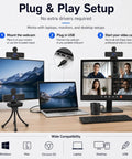 Straight Up Crisp 4K Autofocus USB Webcam For PC With Dual Mics showing plug and play setup with monitor, laptop, and tripod.