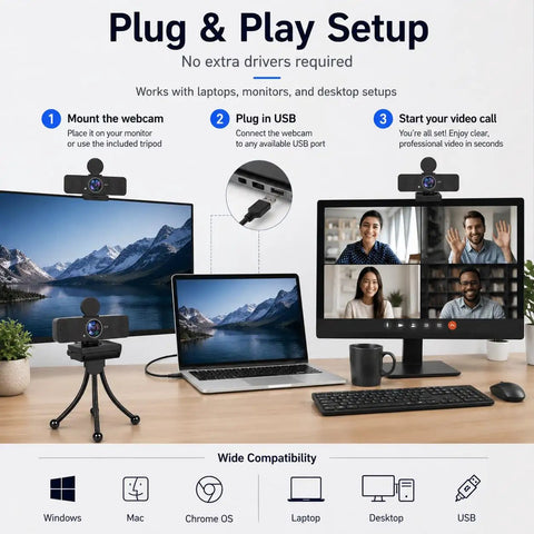 Straight Up Crisp 4K Autofocus USB Webcam For PC With Dual Mics showing plug and play setup with monitor, laptop, and tripod.