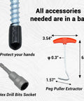 Detailed view of accessories included with Beefy 12 Pack Screw In Tent Stakes 8 Inch Metal Ground Pegs With Hex Head Driver Spikes Puller Protectors And Storage Bag Glow In The Dark Camping Stakes For Hiking And Backpacking