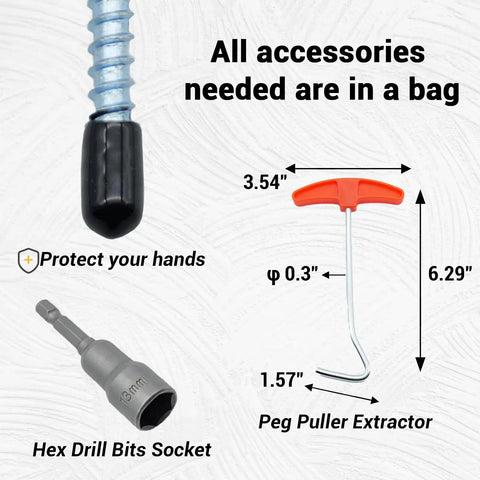 Detailed view of accessories included with Beefy 12 Pack Screw In Tent Stakes 8 Inch Metal Ground Pegs With Hex Head Driver Spikes Puller Protectors And Storage Bag Glow In The Dark Camping Stakes For Hiking And Backpacking