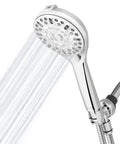 High Pressure Handheld Shower Head With Built In Power Jet And Multiple Spray Settings in chrome finish, water flowing