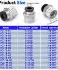 Diagram of 12 Pack Push To Connect Pneumatic Fittings Three Eighths Inch OD to Three Eighths NPT with size specifications.