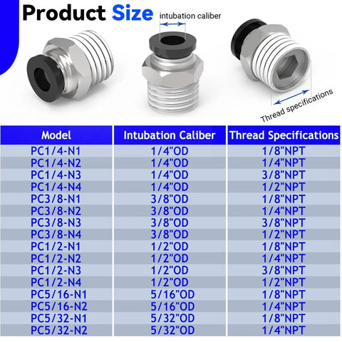 Diagram of 12 Pack Push To Connect Pneumatic Fittings Three Eighths Inch OD to Three Eighths NPT with size specifications.