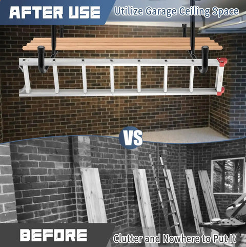 Heavy Duty Garage Ceiling Hooks Set With 12 Hooks For Ladders, Bikes, And Tools For Pros And DIYers Overhead Rack in use.