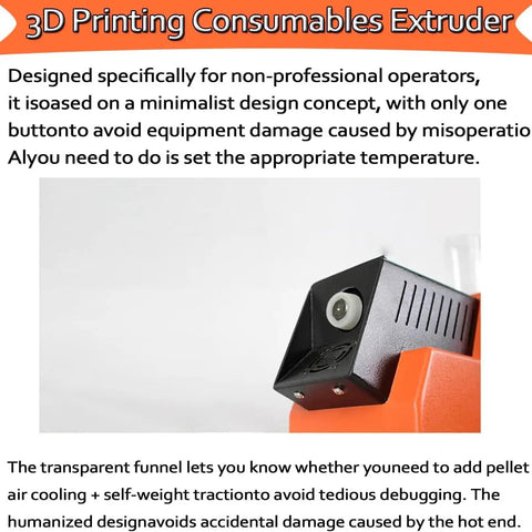 Killer Desktop 3D Filament Extruder Machine With 120 Watt Power And Adjustable Speed Settings close-up of the nozzle and cooling funnel.