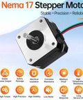 Front-side view of NEMA 17 stepper motor; silver faceplate, black body, 42x28 mm, 4-wire cable.