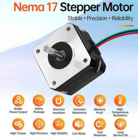 Front-side view of NEMA 17 stepper motor; silver faceplate, black body, 42x28 mm, 4-wire cable.