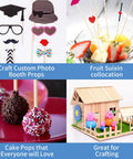 Top Shelf 1/8 X 12 Inch Wooden Dowel Rods 150 Pack For Crafts And Diy Projects Ultra Smooth Hardwood Sticks shown in creative uses like photo booth props and cake pops.