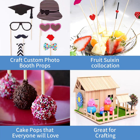 Top Shelf 1/8 X 12 Inch Wooden Dowel Rods 150 Pack For Crafts And Diy Projects Ultra Smooth Hardwood Sticks shown in creative uses like photo booth props and cake pops.