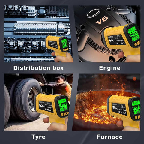 Go-To Non Contact Infrared Thermometer Gun With 50 To 1 Distance Ratio In Use on Engine, Furnace, Tyre, and Distribution Box