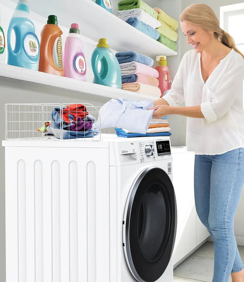 Woman using Magnetic Laundry Guard 24 Inch Wide For Front Loading Washers And Dryers, Metal Countertop Organizer Topper