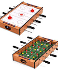 2 In 1 Swivel Mini Game Table Top Wood Foosball And Slide Hockey Combo with dual play surfaces and pucks.
