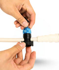 Hands attaching Blue Magnetic Regulator Octo Hose Holder Clip For Scuba Gear to hose, demonstrating easy deployment.