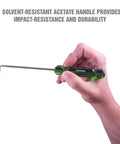 Close-up of hand holding hook from Six Piece Hook And Pick Set With Acetate Handle For Mechanics Car Repair Gasket And Hose Removal