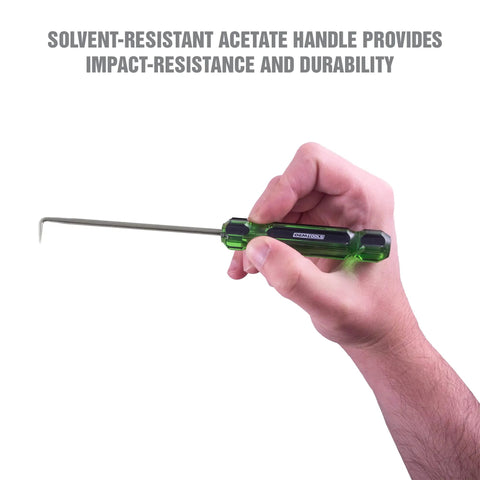 Close-up of hand holding hook from Six Piece Hook And Pick Set With Acetate Handle For Mechanics Car Repair Gasket And Hose Removal