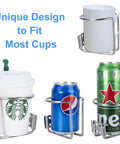 Two Stainless Steel Boat Ring Cup Drink Holders Universal Fit For Marine Yacht Truck RV Car And Trailer With Mounting Screws Durable Cup Holder Set For Easy Onboard Drinks showing versatility with various cups and cans