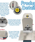 Close-up of Heavy Duty Electric Corner Rounder With Smooth Foot Pedal And Quick Swap Blades showing blade change functions and tabletop dimensions.