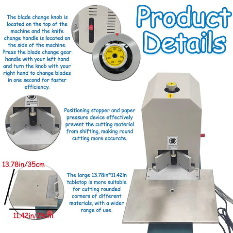 Close-up of Heavy Duty Electric Corner Rounder With Smooth Foot Pedal And Quick Swap Blades showing blade change functions and tabletop dimensions.