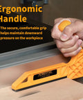Super Slick L-Shape Table Saw Push Stick With Ergonomic Grip Heavy Duty Woodworking Safety Guard in use with an ergonomic handle guiding workpiece.