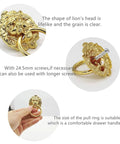6 Pack Lion Head Dresser Pull Knobs With Rings Gold Finish Antique Style Cabinet Hardware shown with screw and ring details