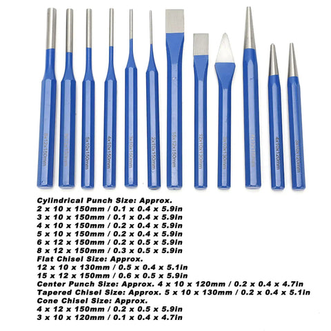 12-Piece Chisel Punch Kit In CRV-V Steel For Woodworking, Metalworking And Engraving, DIY Crafts And Engineering Maintenance