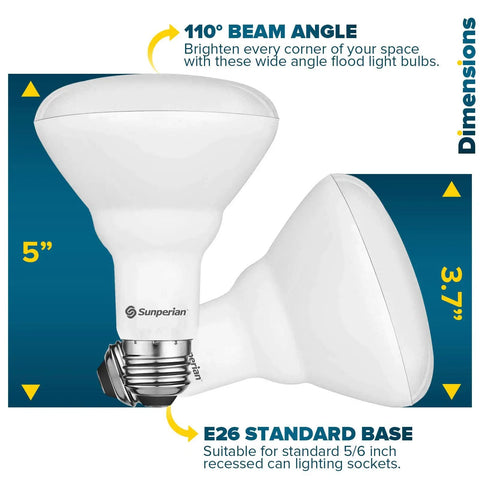 Dimensions of 8.5W BR30 LED Flood Bulb, E26 base, 110° beam angle, "Brighten Your Home With 8.5W BR30 LED Flood Bulbs, 800 Lumens, 3500K Natural White, Dimmable Recessed Can Lighting, Enclosed Fixture Rated, Damp Rated, UL Listed, E26 Base, 4 Pack"