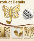 Butterfly Design Heavy Duty Wall Hooks Set For Towel Robe Coat And Keys Gold Brushed Finish 20 Lb Capacity 4 Pack