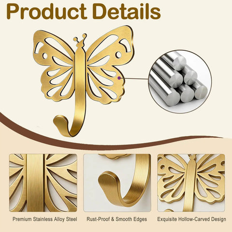 Butterfly Design Heavy Duty Wall Hooks Set For Towel Robe Coat And Keys Gold Brushed Finish 20 Lb Capacity 4 Pack