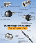 SAKER 10-piece pressure washer hose connector set with M22 adapters, 3/4 in plugs, quick-connects, storage bag