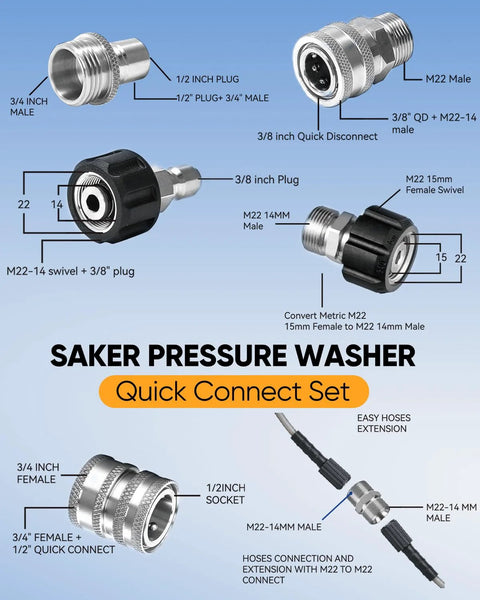SAKER 10-piece pressure washer hose connector set with M22 adapters, 3/4 in plugs, quick-connects, storage bag