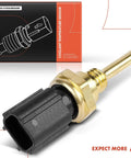 A-Premium engine coolant temperature sensor with brass body and black 2-pin connector; front view beside its packaging box