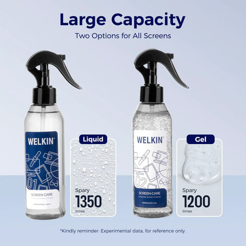 Screen Cleaner Spray Kit With Gel For All Electronics Streak Free Dope Clean Non Drip Formula Works On TV Laptop Computer And Phone Touchscreens Includes Two 250ml Bottles Two Sprayers Microfiber Cloth And Glass Wipe shown with liquid and gel options in clear bottles.