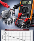 Image featuring LR44 button cell batteries being tested with a multimeter, showing voltage at 1.58V for 10 Pack Lr44 Batteries 1.5 Volt Alkaline Ag13 A76 357 Sr44 Top Tier Power Cells For Watches Calculators Toys Gadgets Guaranteed to Give You Bang for Your Buck.
