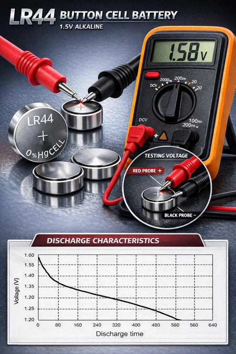 Image featuring LR44 button cell batteries being tested with a multimeter, showing voltage at 1.58V for 10 Pack Lr44 Batteries 1.5 Volt Alkaline Ag13 A76 357 Sr44 Top Tier Power Cells For Watches Calculators Toys Gadgets Guaranteed to Give You Bang for Your Buck.