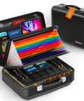 Fireproof Document Box With Lock For Your Important Papers Passport Certificates And Laptop, Tough 5200F Fire Resistance Water Resistant Hard Case File Organizer UL-94 VTM-0 Certified Black, open view displaying organized documents and gadgets.
