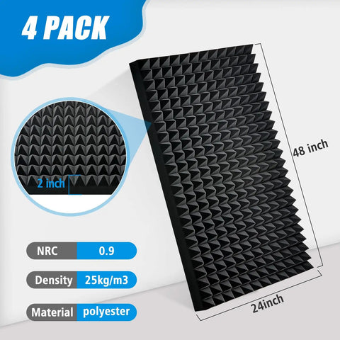 High Density Pyramid Acoustic Foam Panels 4 Pack 48 X 24 X 2 Inch, black polyester sound absorbing panels for studios