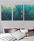 Teal Ocean Canoe Wall Art Canvas Print for Living Room with Modern Aesthetic Seascape and Floral Touch, Serene Natural Scene
