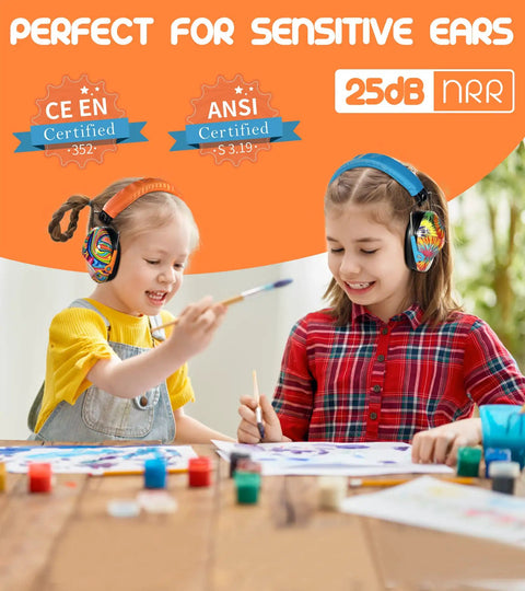 Kids wearing Kids Ear Protection Earmuffs With Adjustable Headband NRR 25dB for Sports Events Concerts Airports in bright colors