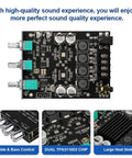 Beefy Bluetooth Five Point Zero Stereo Amplifier Board With Two Channel 100 Watts Per Channel 200 Watts Total Treble And Bass Control AUX Input And App Control For Home Speaker Setup, featuring treble and bass controls and dual TPA3116D2 chip on display.