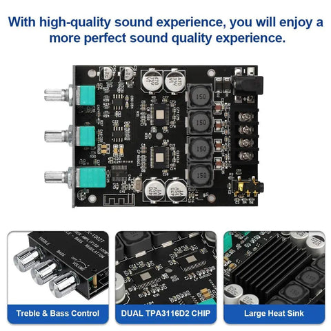 Beefy Bluetooth Five Point Zero Stereo Amplifier Board With Two Channel 100 Watts Per Channel 200 Watts Total Treble And Bass Control AUX Input And App Control For Home Speaker Setup, featuring treble and bass controls and dual TPA3116D2 chip on display.