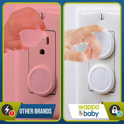 Child trying to remove 32 Pack Outlet Covers For Baby Proofing Easy Install Socket Protectors White To Prevent Electrocution
