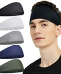 5 Pack Moisture Wicking Workout Headbands For Men And Women in gray, green, white, blue, black shown on model's head and side by side