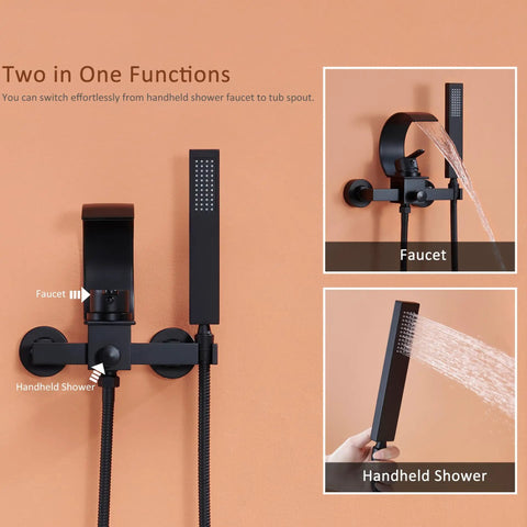 Black Wall Mounted Tub Faucet With Handheld Spray Waterfall Spout Set For Your Bathroom Renovation shown with dual function