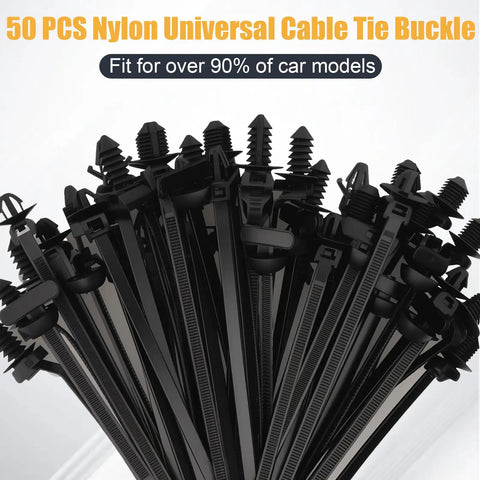 Heavy Duty Nylon Push Mount Cable Zip Ties Kit, 50 Pack, 5 Sizes, black UV resistant tie fasteners for auto and home repairs.