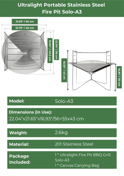 Diagram of 22 Inch Portable Fire Pit For Camping And RV Trips, Ultralight Foldable Round Grill Stand with Carry Bag, Solo A3