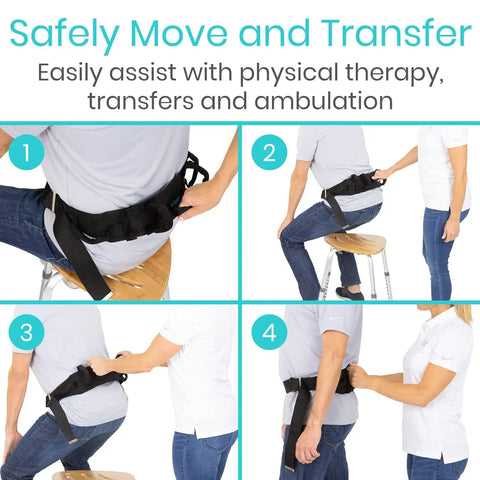 Gait Belt With 7 Padded Grab Handles For Safe Patient Lifts And Easy Transfers 350 Lb Capacity shown in use by caregivers